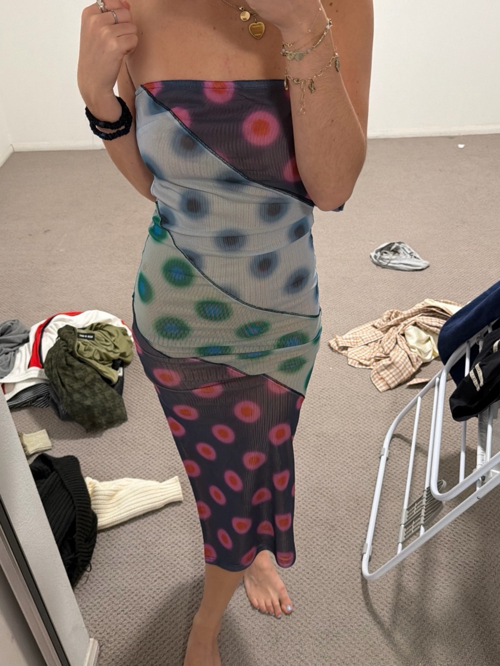 Miaou Strapless Mesh Midi Dress in Multicolor Dot Print